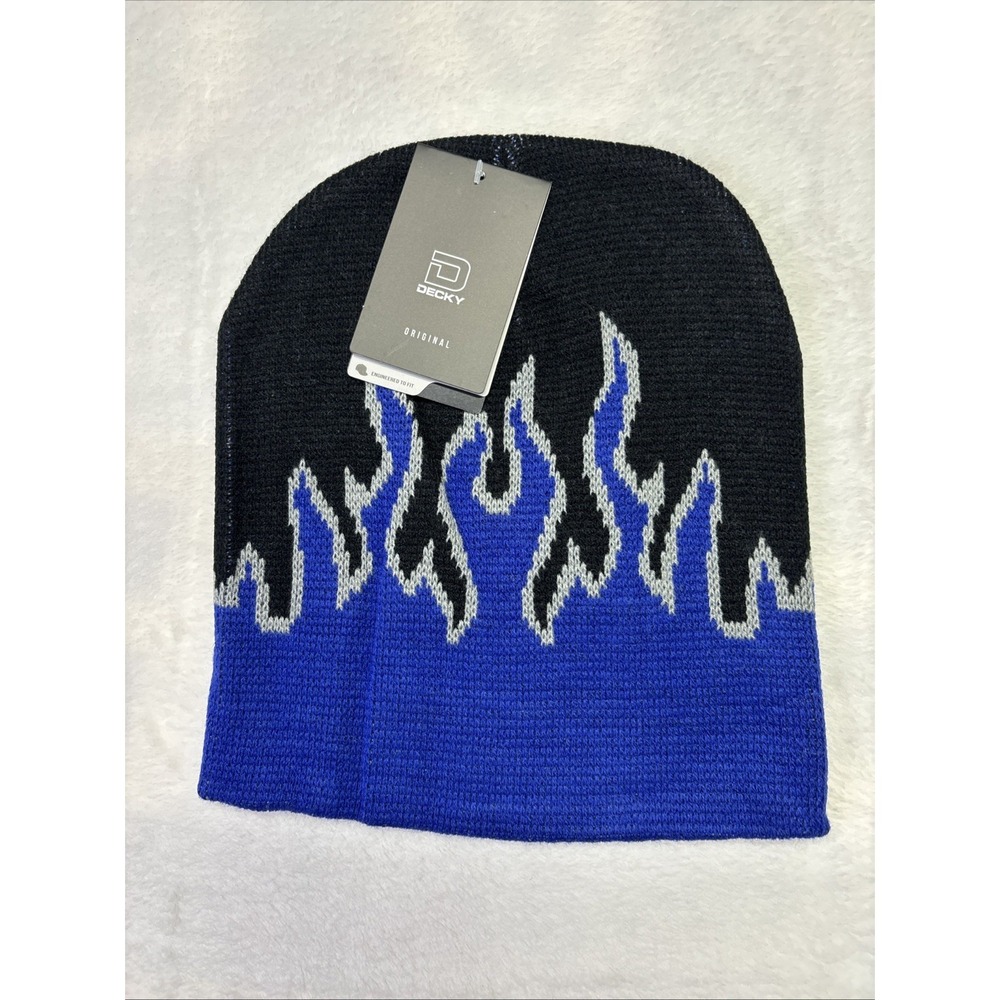 NWT Decky Original Stocking Cap, skull Cap Black/Blue/Gray flames Free Shipping